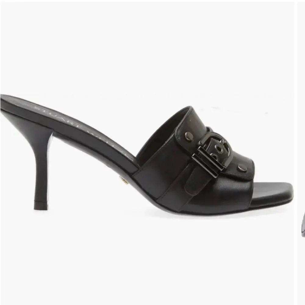 New Stuart Weitzman Black Leather Y2K 90s Mules with kitten heel Buckle Detail